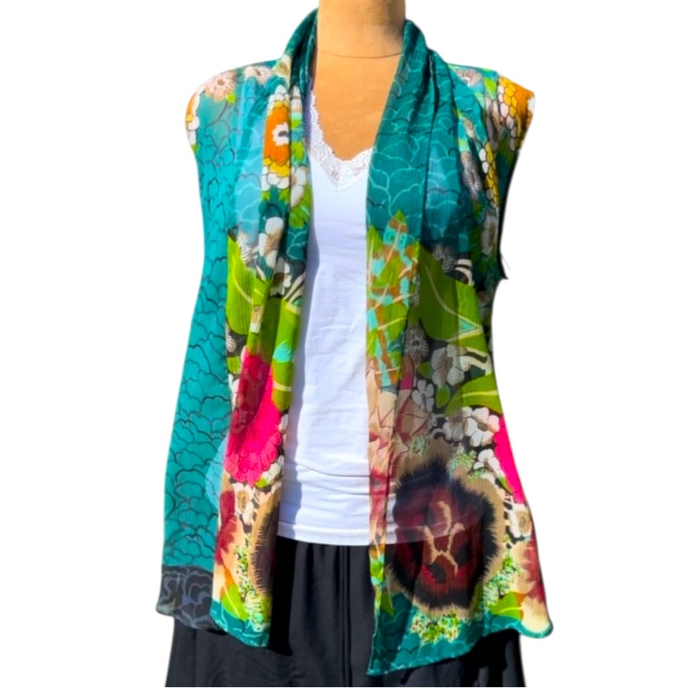 Coldwater Creek Sleeveless Kimono Topper OS‎ Green Floral Sheer Open Lightweight